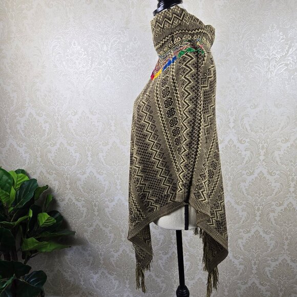 One Size Brown Cream Chevron Striped Poncho Rainbow Embroiderd Tassels Fringe - Picture 8 of 11